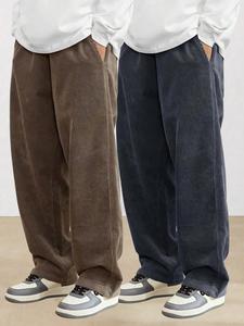 Men's Solid Corduroy Pants, Loose Casual Comfy Straight Leg Trousers for Fall & Winter, Men's Bottoms for Daily Wear