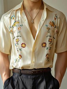 Men's Shirt Floral Printing Lapel Short Sleeve Streetwear Summer Men Clothing Vacation Fashion Casual Shirts, Menswear, Casual Comfy Shirt