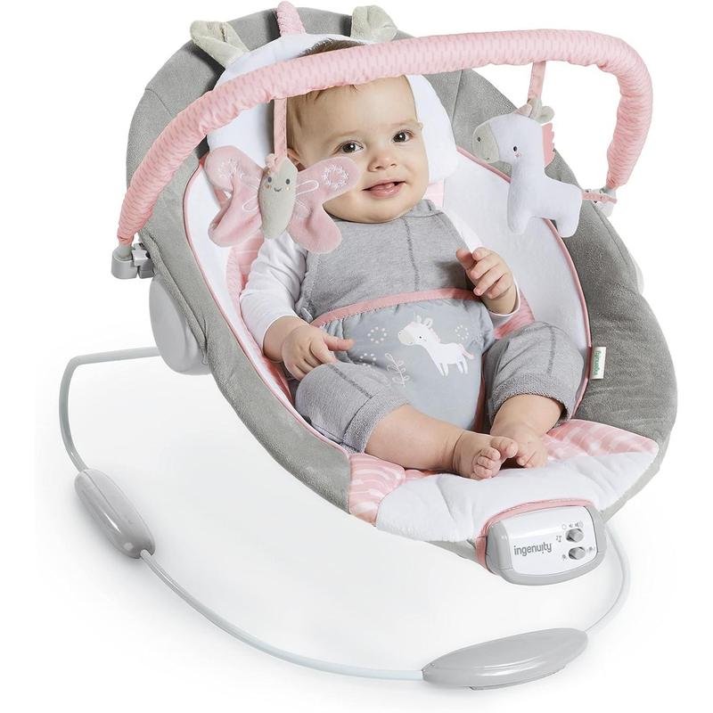 Ingenuity, Cradling Baby Bouncer Seat Flora the Unicorn, Ultra-Plush Padded Chair with Vibration and Melodies, Removable Toy Bar, Ages Newborn 6
