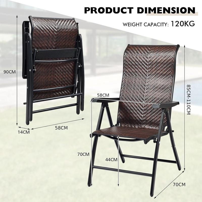 Set of 2 Patio Rattan Folding Chair, 5-Position Adjustable Outdoor Wicker Dining Seat with Widened Armrest,High Backrest and Anti-slip Pads for Garden Picnic Camping (1) 2