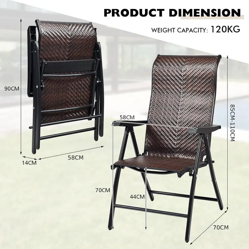 Set of 2 Patio Rattan Folding Chair, 5-Position Adjustable Outdoor Wicker Dining Seat with Widened Armrest,High Backrest and Anti-slip Pads for Garden Picnic Camping (1) 2