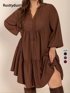 Plus Size Plain Button Front Pleated Hem Dress, Casual Fashion Bishop Sleeve Dress, Fall & Winter Women's Clothing