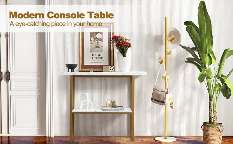 Product Introduction of COSTWAY 2-Tier Console Table, Modern Faux Marble Narrow Hall Desk Sofa Side Table, 120cm Long Slim Display Accent Table for Entryway, Living Room, Bedroom and Foyer (White+Black) 13