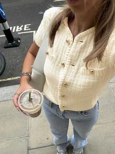 Women's Plain Pocket Button Front Sweater Cardigan, Lightweight Knit Sweater, Casual Short Sleeve Knitwear for Summer, Fashion Women's Knit Clothing for Daily Wear