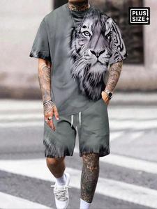 【Plus Size】 Men's Lion Print Tee & Shorts Set, Regular Fit Casual Round Neck Short Sleeve T-shirt & Track Shorts, Men's Summer Clothes