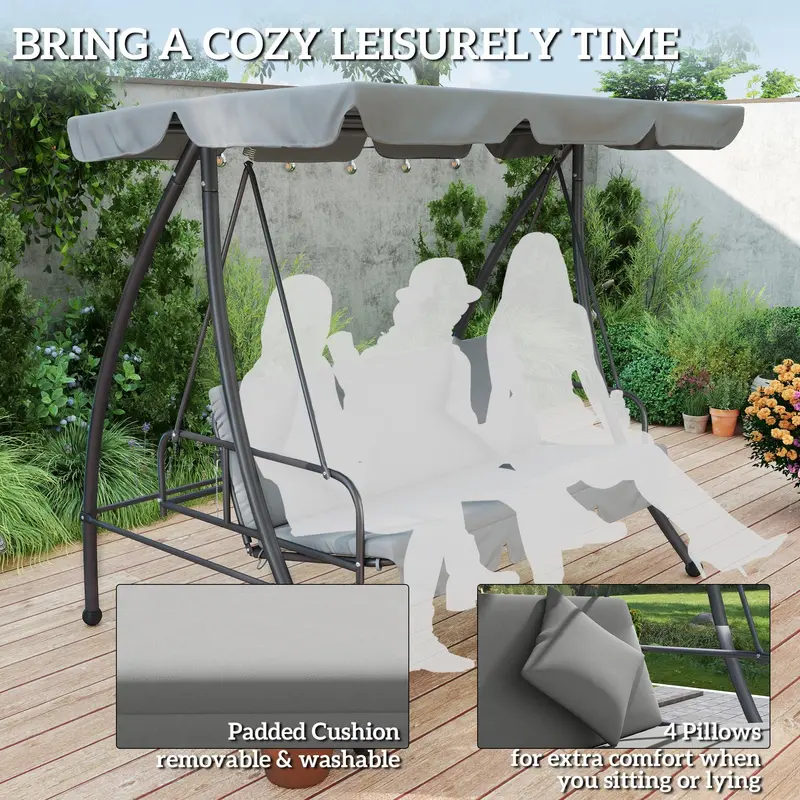 Light Grey 3 Seater Garden Swing Chair Lounger With Cushion and Tilt Canopy by Outsunny 7