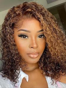 18 Inch Ombre Blonde Long Wavy Wigs for Women, Gorgeous Fluffy Wigs with Blunt Bangs, Human Hair Wigs for Party, Daily Use