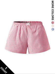 Women's Plaid Print Bow Decor Shorts, Casual Comfy Cute Elastic Waist Shorts for Daily Wear, Ladies Bottoms for All Seasons