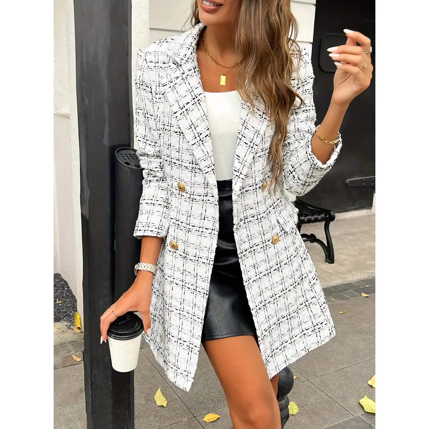 Elegant Women's Plaid Blazer with Faux Pockets - Chic Long Sleeve, Button Front, Mid-Length Coat in Black & White, Polyester, Machine Washable - Perfect for All Seasons