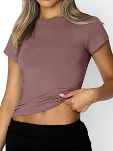 Women's Solid Color Ribbed Tee, Casual Half Sleeve Round Neck T-shirt for Summer, Ladies Clothes for Daily Wear, Top