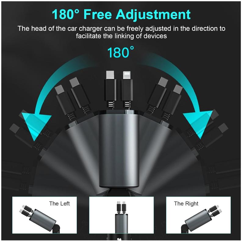 AHDXKUE Retractable Car Charger Adapter, 4 In 1 Car Charger with Retractable Cables and Voltage Display, Car Phone Charger with USB/USB-C Ports, Cigarette Lighter USB Charger for 12V / 24V Vehicles 3
