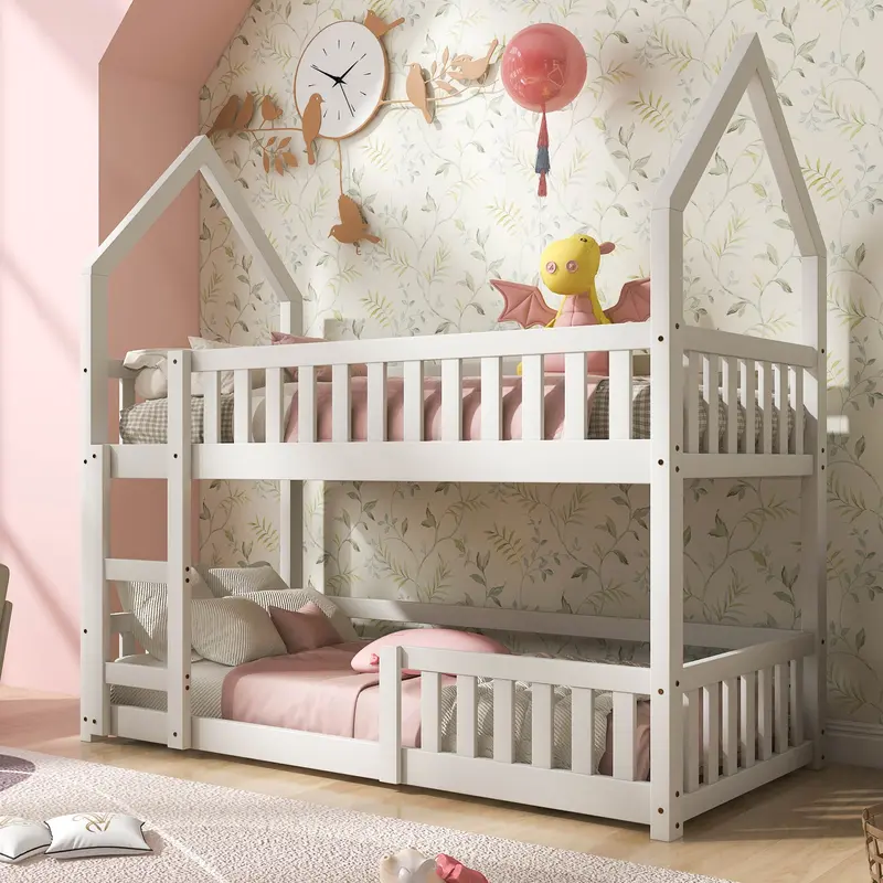 Bunk Bed, Twin Sleeper Bed with Ladder, Solid Wood Frame 3FT Single bed, Gaming Bed, Castle-shaped Bed 90 x 190 cm Children's Bed room Furniture, Wooden Bed Frame for Kids Children (White) 0