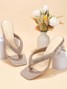 Women's Elegant Rhinestone Decorated Toe Thong Sandals, Exquisite Trendy High Heel Sandals, Fashionable Heeled Sandals for Summer Christmas Gift, Footwear