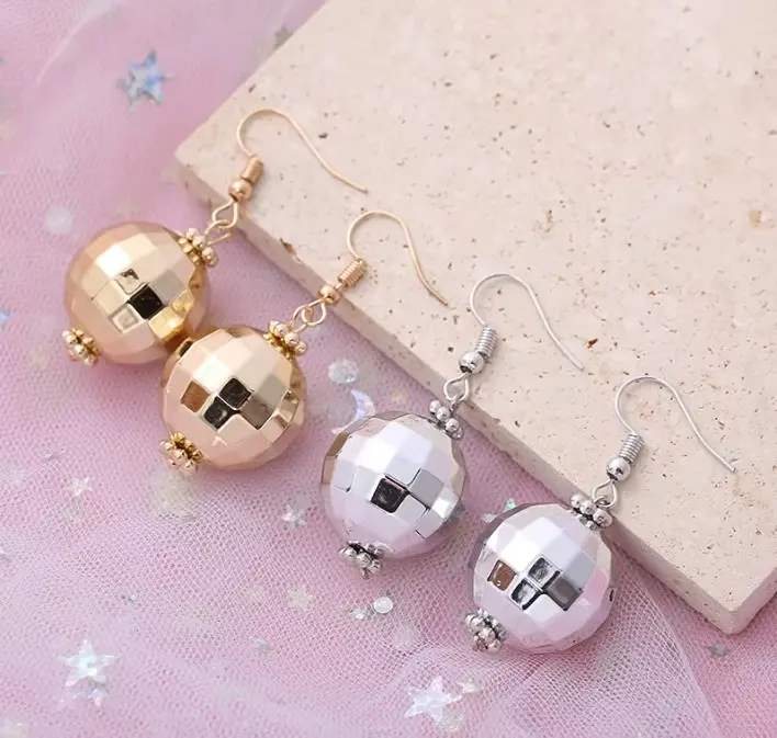 70's Disco Ball Drop Earrings for Women in Silver or Gold - Metal & Resin Dangle Jewellery Accessories - Short or Long