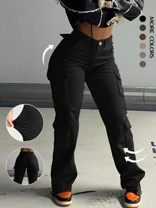 Women's Plain Drawstring High Waist Cargo Pants, Y2K Kpop Style Streetwear Pocket Design Trousers For Daily Wear, Ladies Fall & Winter Bottoms, Baggy Pants