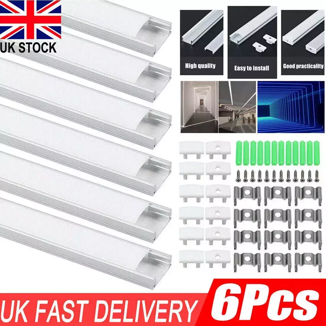 6 pcs LED Aluminium Channel Profile 3.3ft Extrusion Diffuser Strip Lights Cover