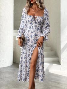 Ditsy Floral Print Tie Front Split Thigh A-line Dress, Boho Elegant Long Sleeve Square Neck Long Dresses, Holiday Dresses, Ladies Dresses, Women's Milkmaid Dress for Beach Frenchy Style, Dress for Women