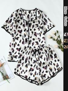 Women's Leopard Print Satin Pyjama Set, Casual Comfy Short Sleeve Top & Shorts PJ Set, Women's Sleepwear for All Seasons