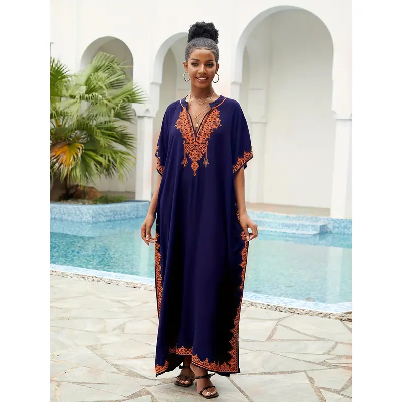 Ramadan Plus Size Boho Kaftan Dress, Women's Plus Golden Embroidered Bat Sleeve Notched Neck Maxi Cover Up Dress 4