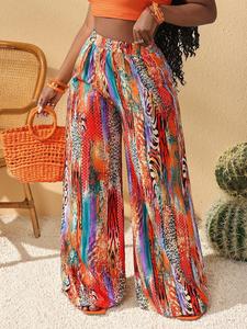 【Plus Size】 All Over Print Wide Leg Trousers, Boho Casual Pants for Daily Holiday Vacation Wear, Women's Bottoms for All Seasons, Casual Fashion Pants