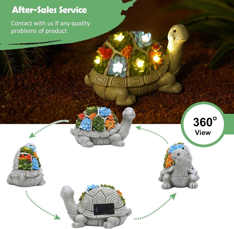Solar-Powered Turtle Garden Ornaments with LED Lights & Succulent Accents - Outdoor Decor for Patio, Balcony, Yard - Birthday Gifts for Women, Mum, Unique Tortoise Statue Housewarming Ideas 2