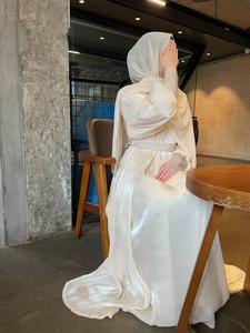 Women's Rhinestone Decor Long Sleeve Abaya &  V Neck Sleeveless Dress with Hijab & Belt, Elegant Modest Outfit for Daily Wear, Ladies Clothes for All Seasons