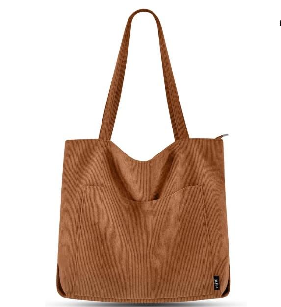 Prite Corduroy Tote Bag for Women Large Shoulder Bag with Zipper and Pockets for College School Work Travel Shopping 6