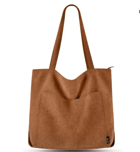 Prite Corduroy Tote Bag for Women Large Shoulder Bag with Zipper and Pockets for College School Work Travel Shopping 6