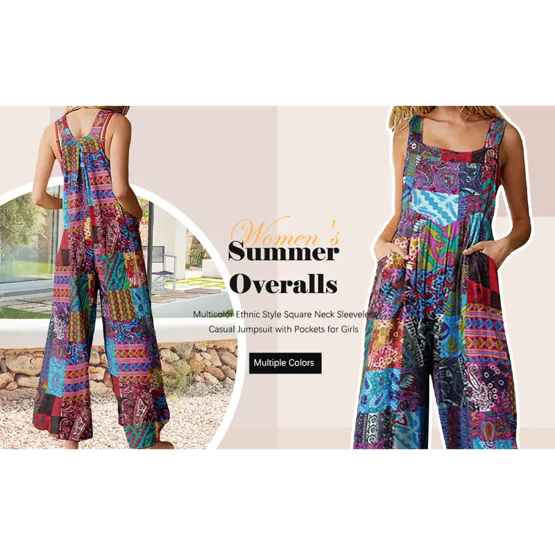 Women Summer Dungarees Multicolor Ethnic Style Square Neck Long Jumpsuit Playsuit Sleeveless Casual Baggy Overalls Rompers 8