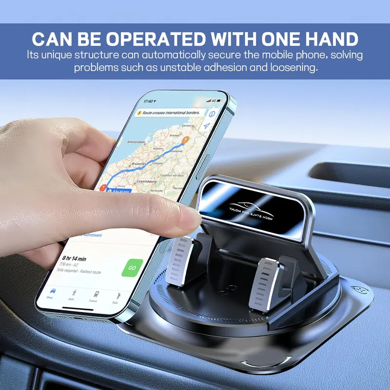360° Rotation Dashboard Phone Holder for Car, One-Hand Operation Mount with Anti-Slip Grip & Adjustable Spring Clip, Compatible with iPhone & Samsung, with Tray