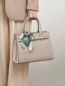 Women's Elegant Genuine Leather Handbag, Cowhide Shoulder Bag with Scarf Decor, Birthday Gift, Valentine's Day Gift, for Mom, for Clients