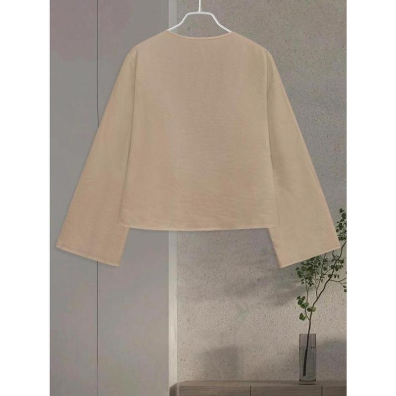 Women's Plain Tie Front V Neck Blouse, Casual Long Sleeve Top for Spring & Fall, Women's Clothing for Daily Wear, Workwear, January Workwear 7