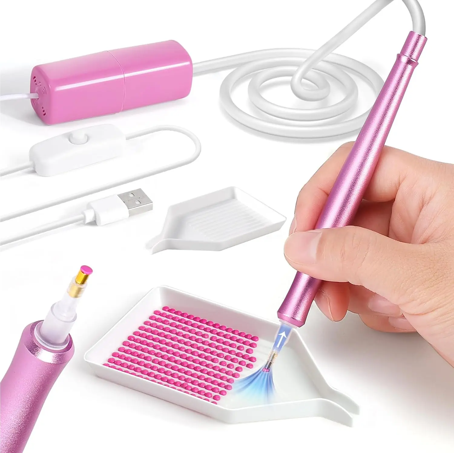 Electric Diamond Painting Pen - Vacuum Technology Tool with Storage Tray for Precise Diamond Placement - Ideal for Diamond Art Enthusiasts (Pink)