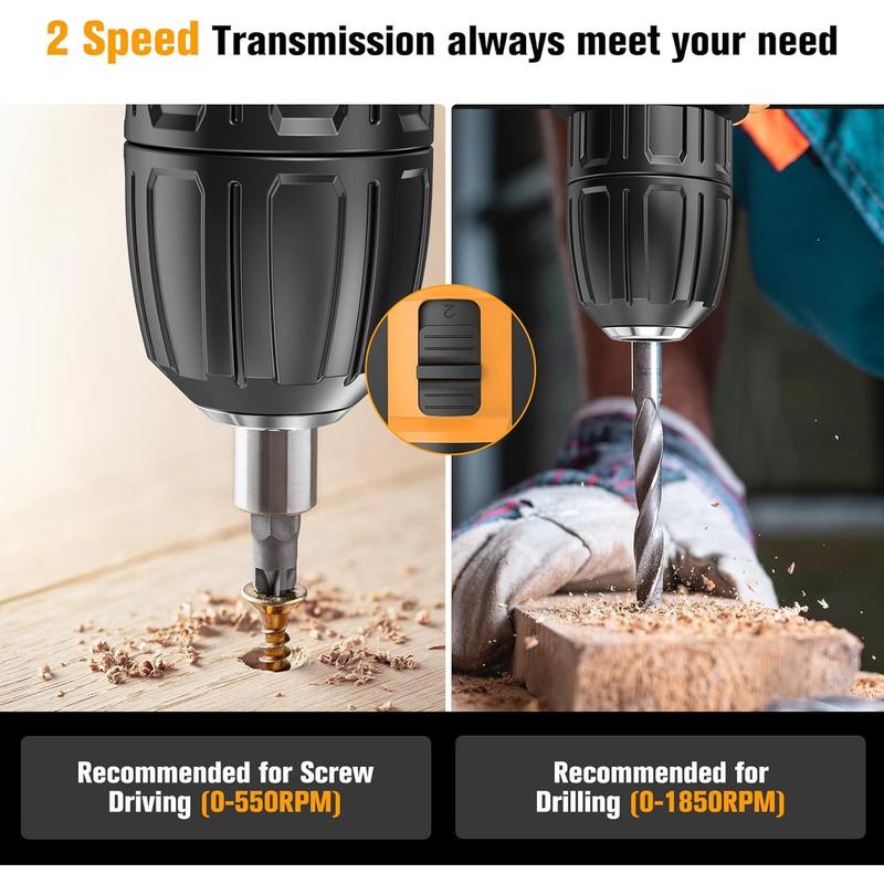 JYGMPRO Cordless Drill Driver 21V, Hammer Drill with 2 Batteries 2000mAh, 25+3 Torque, 42N.m Max Electric Drill, 30PCS Drill Bits, 2 Speed, LED Light for Home and Garden DIY Project 2