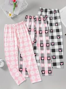 Girl's Plaid & Heart Print Bow Decor Pants, Casual Comfy Elastic Waist Trousers for Daily Wear, Kids Bottoms for All Seasons, Pajamas, Soft Casual Pajamas