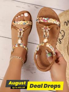 Women's Fashionable Floral Embroidery Bohemian Lightweight Strappy Sandals, Casual Comfortable Brown Flat Ankle Strap Sandals for Summer Beach Vacation, Fashionable Shoes for Daily Wear, Bohemian Trending Sandals