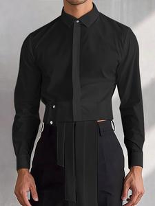 Men's Solid Asymmetric Hem Long Sleeve Shirt, Casual Lapel Button Front Top for All Season, Fashion Men's Clothes for Daily Wear