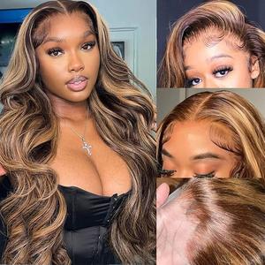 VIPbeauty Honey Blonde Ombre Lace Front Wig Human Hair Pre Plucked P4/27 Highlight HD Transparent Lace Frontal Wigs with Baby Hair 180 Density 13x4 Body Wave Colored Human Hair for Women