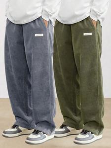 Men's Letter Patched Drawstring Waist Corduroy Pants, Casual Comfy Straight Leg Trousers for Fall & Winter, Men's Bottoms for Daily Wear