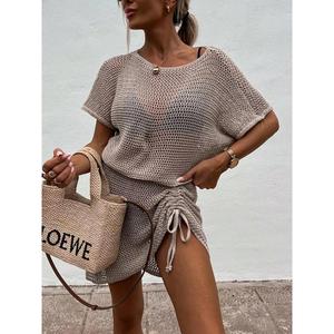 Women's Solid Color Hollow Knit Sweater Dress, Casual Fashion Round Neck Drawstring Dress, Women's Summer Daily Wear, Simple Style Women's Clothing Womenswear Gamis hoc o dress Khaki Shortsleeve knitted  dress cocktail  dress