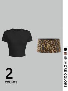 Women's Leopard Print Crop Top & Shorts Two-Piece Set, Casual Fashion Cozy Breathable Two Piece for Daily Outdoor Wear, Ladies Summer Clothes, Suits, Womenswear, Loungewear