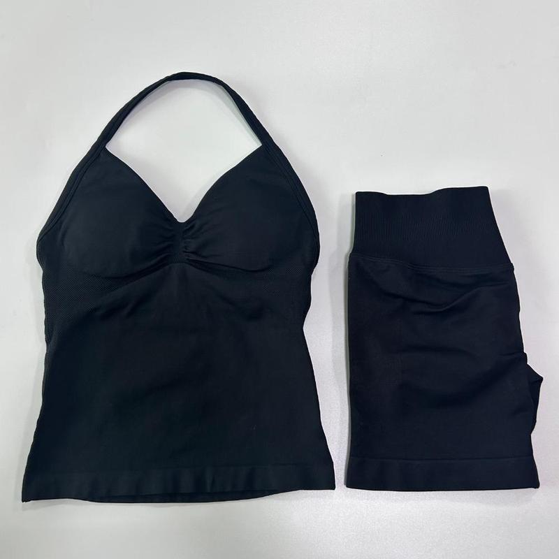 2Pcs  Gym Set Women Backless Tank Tops High Waist Scrunch Seamless Shorts Gym Suit Fitness Clothes Activewear Workout Sets 2