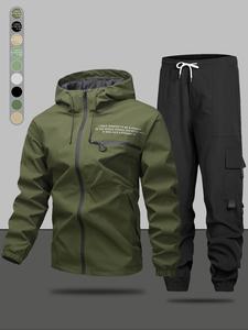 Men's Letter Print Zip Up Hooded Jacket & Pants Set, Casual Windproof Waterproof Long Sleeve Outerwear & Elastic Waist Trousers for Daily Wear, Men's Outfits for All Seasons