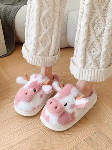 Women's Cute Cow Design Plush Slippers, Casual Soft Comfortable Home Slippers, Fluffy Fall & Winter House Shoes for Indoor and Outdoor