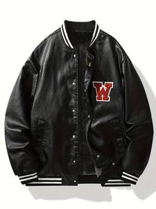 Men's Letter Patched Button Front Drop Shoulder Thermal Lined PU Varsity Jacket, Casual Fashion Regular Fit Mock Neck Coat for Daily Outdoor Life, Men Clothing for Spring Fall