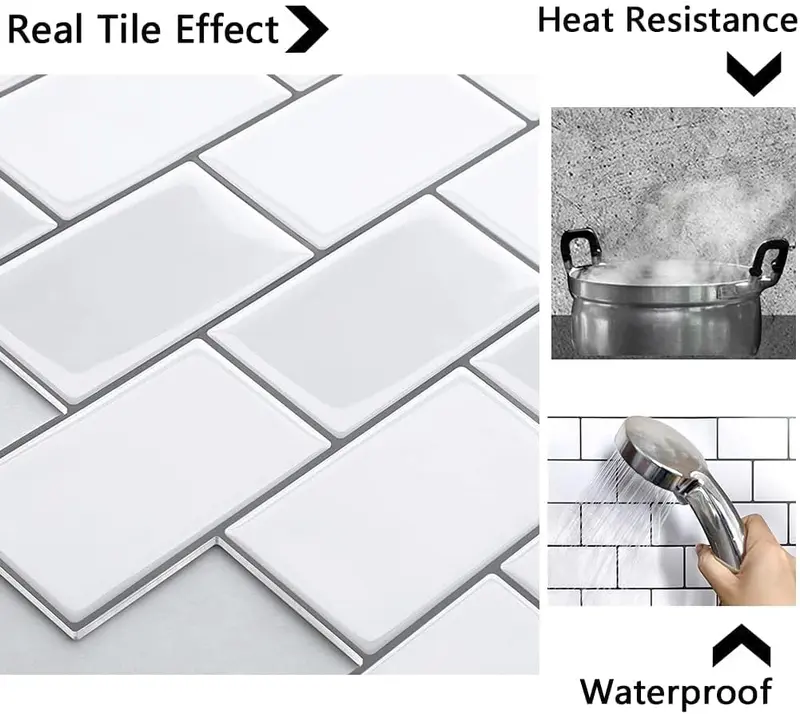 Self Adhesive 3D Tile Stickers for Kitchen Backsplash and Bathroom - Lightweight, Heat Shield, Humidity Resistant 3