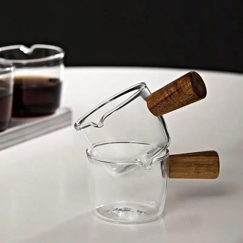 High Borosilicate Glass Mini Wooden Handle Milk Frothing Pitcher, Espresso Coffee Cup, Small Sauce Dish, Restaurant Milk Creamer 7