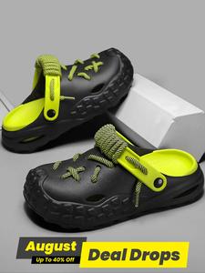 Men's Fashionable Bold Laced Hollow Out Clogs, Casual Comfortable Breathable Black Non-slip Clogs, Trendy Beach Shoes for Indoor & Outdoor Walking, Footwear Soft Slippers, Water Clogs