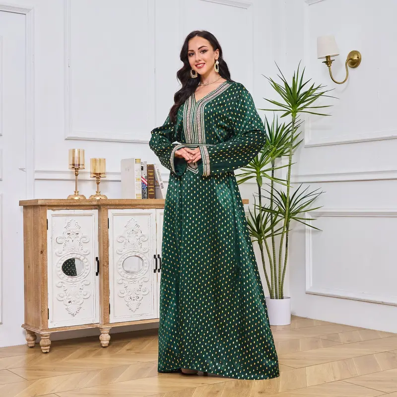 2025 Middle East Women's New V-neck Abaya Robe Muslim Large Swing Long Dress Bronzing Dress 7