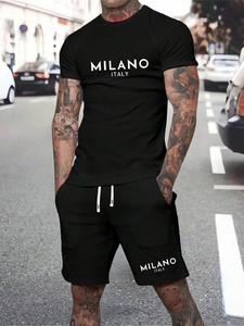 Two-piece Set Men's Letter Print Short Sleeve Tee & Drawstring Waist Shorts Set, Regular Fit Casual Comfy Breathable Quick Drying Round Neck T-shirt & Pocket Track Shorts, Shortsleeve Summer Clothes Set for Men